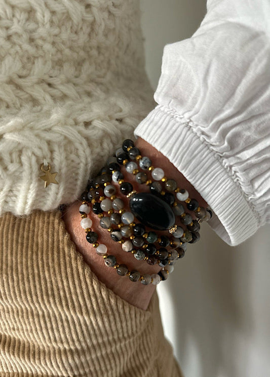 Manchette Antoine en perles 6mm agate marron et dorée