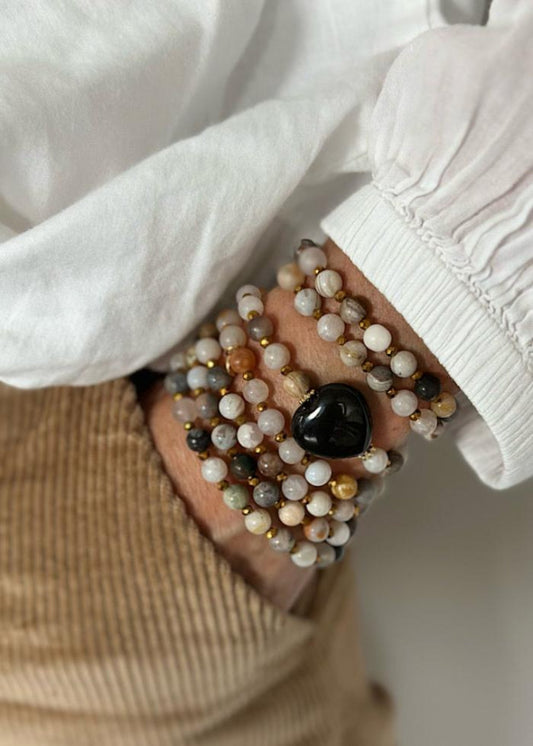 Manchette Edmond en perles 6mm agate grise et dorée