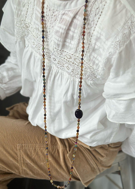 Sautoir Iris en perles 6mm agate bleu et dorée, modèle élégant et lumineux