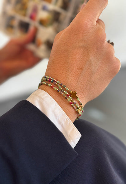 Mini Rubis Croix Doree bijou 3 tours en perles rouges et croix doree