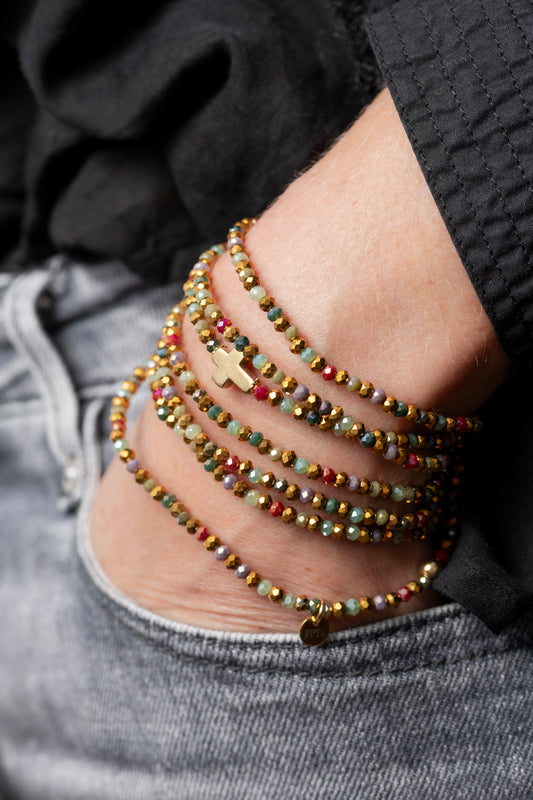 Sautoir Vaness Croix Dorée avec perles de verre multicolores