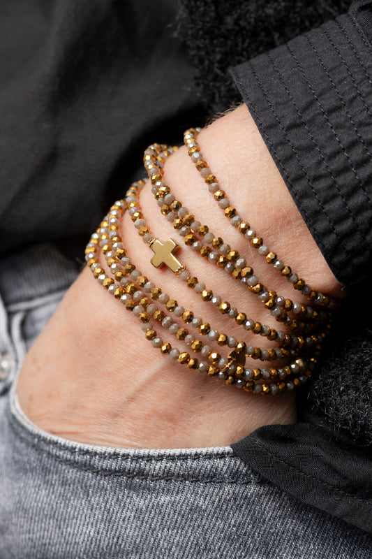 Sautoir Vénus Croix Dorée avec perles de verre mordoré