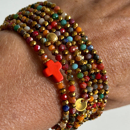 Sautoir Vicky Croix Orange avec perles de verre multicolores