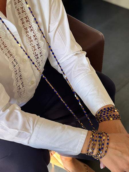 sautoir indigo solaire trefles dores en perles ovales indigo bleu violet avec elements dores fais pas ta steph