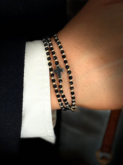 Collier Mini Noir Croix Noire porte en bijou 3 tours ras de cou ou manchette